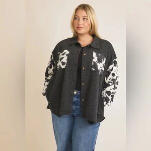 GILLI | Plus Size Boyfriend Fit Washed Cow Print Shirt Jacket